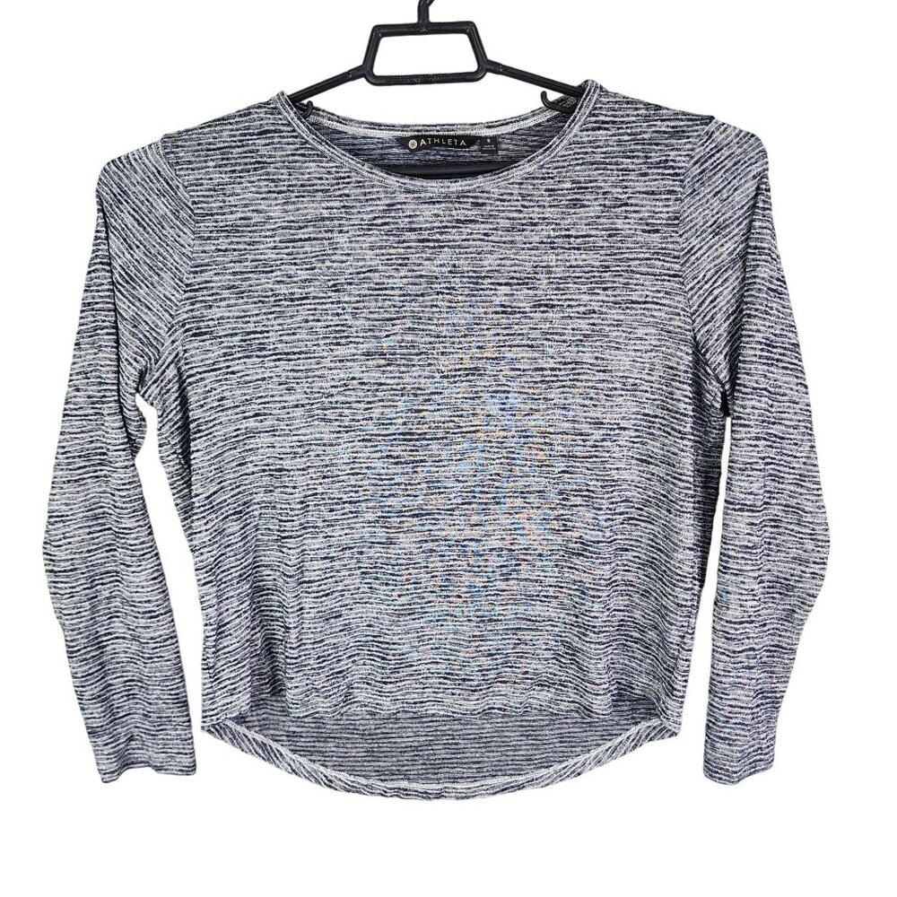 Womens Athleta Knit Top Long Sleeve White Gray Striped Round Neck Open Back S